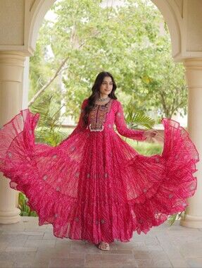Pink Dress  Bandhani Anarkali Indian Ethnic Gown Navratri Garba Dress Dandiya